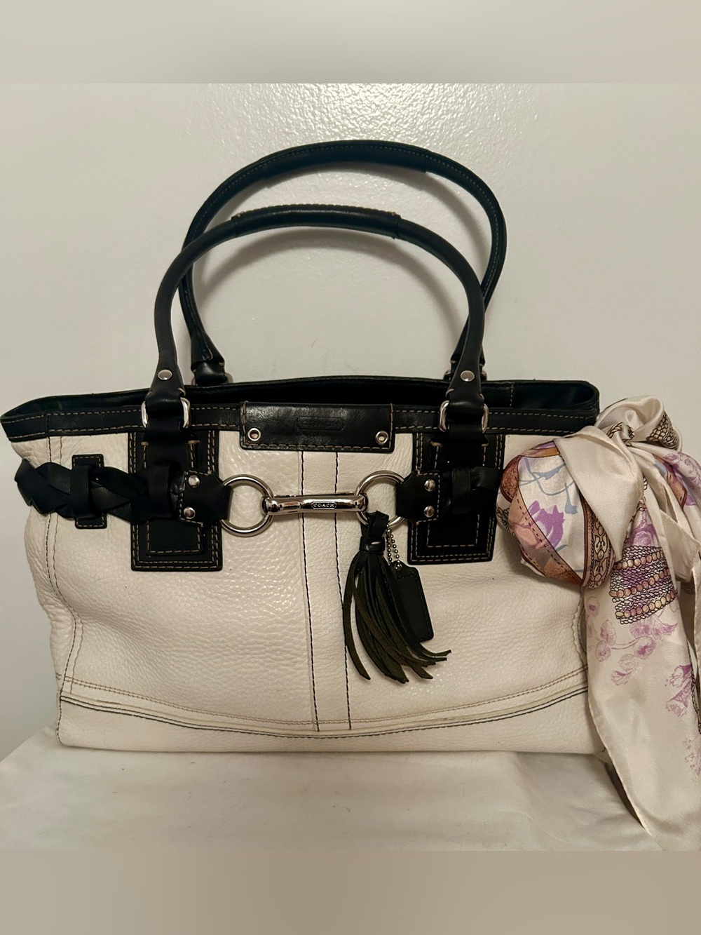 Coach Hamilton Leather Satchel
Bag Black White Designer Tassel bag